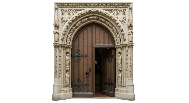 Ornate wooden door with stone archway, showcasing intricate carvings and design