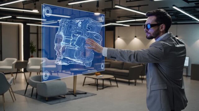 man in modern office interacts hologram engine model using gesture-controlled ar glasses, rotating transparent