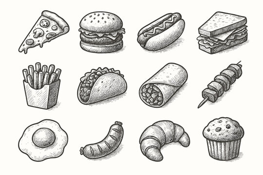 Egg skewer sketch slice vector fried food icon burrito burger kebab fries