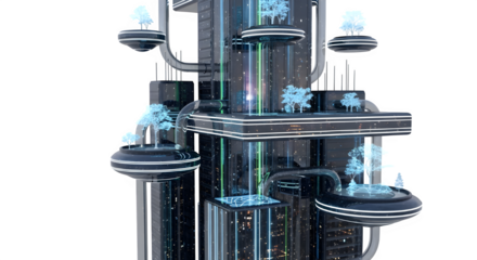 Futuristic city with trees on platforms, a modern utopia