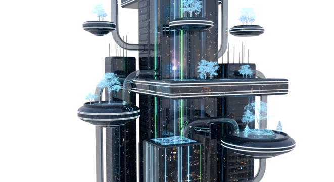 Futuristic city with trees on platforms, a modern utopia