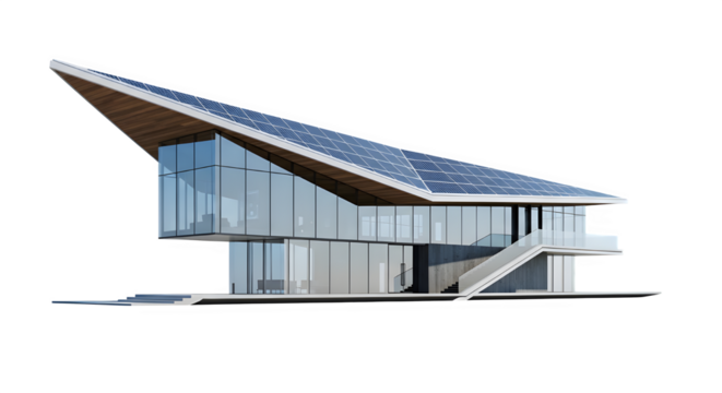 Modern house with solar panels on the roof, ecofriendly home