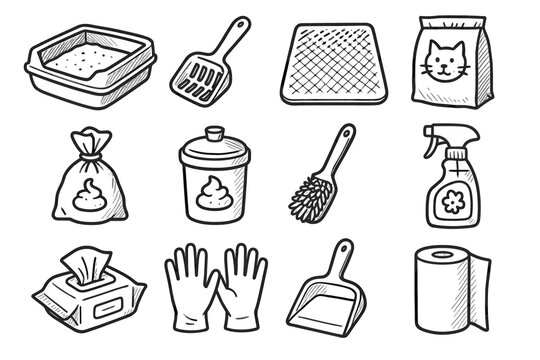 Pet bag litter poop gloves care brush vector box icon bin