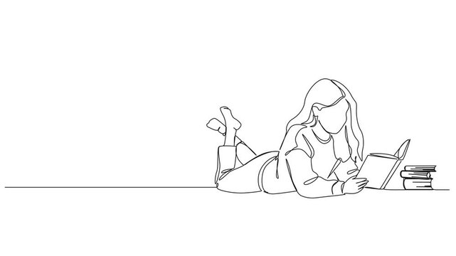 animated continuous line drawing of girl in prone position on floor reading a book, line art animation