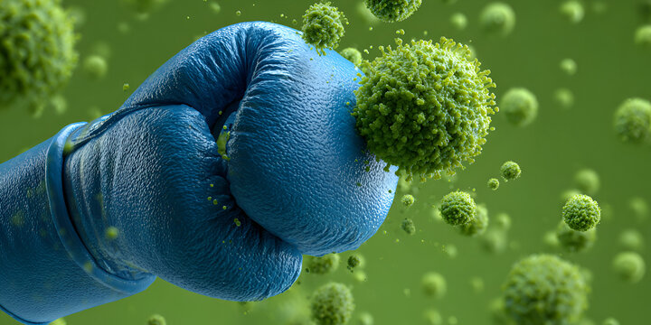 Blue boxing glove punching green virus cells on green background symbolizing immune defense
