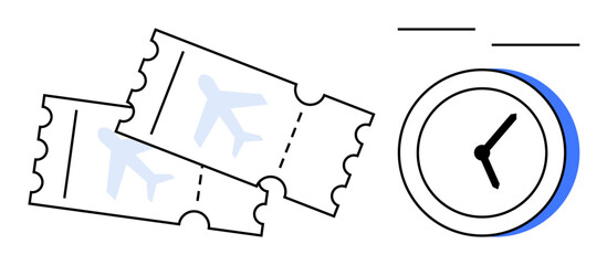 Airplane tickets beside a clock emphasizing travel scheduling, time management, and timely planning. Ideal for travel, tourism, booking, journey, vacation organization punctuality. Simple flat