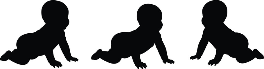 Crawling baby silhouette, infant movement pose, early childhood development, black toddler icon, isolated baby crawl vector, growth stage