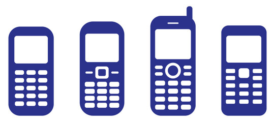 Retro mobile phone silhouette vector icons, old keypad cellphone designs, vintage communication device collection