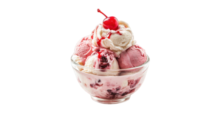 A bowl of ice cream with cherry syrup on top