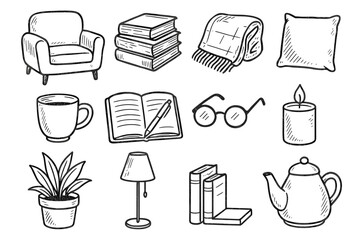 Candle armchair glasses stack floor book vector cozy bookend icon lamp corner