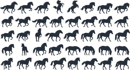 Horse silhouette motion grid, walking, trotting, rearing, animal movement study, equine pose sequence, vector illustration, design reference, animation