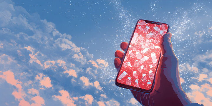 Hand holding smartphone with virus scan interface in surreal sky setting

