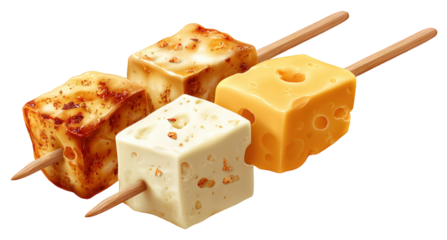 A close up of four cheese cubes on skewers