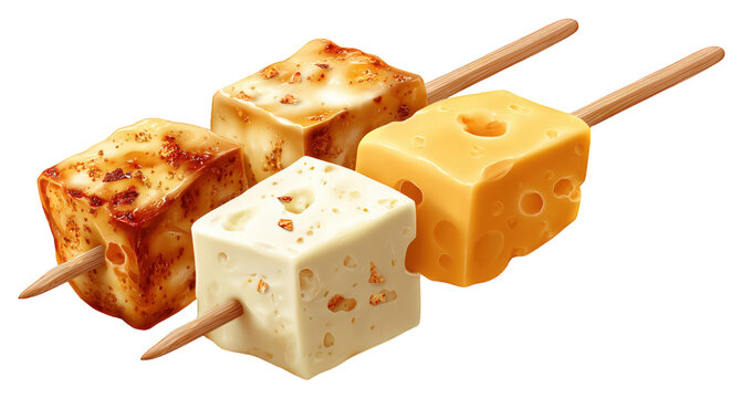 A close up of four cheese cubes on skewers