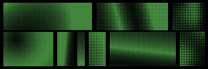 Set of bitmap pixel background with green gradient pattern and 8bit art. Glitch video game design.