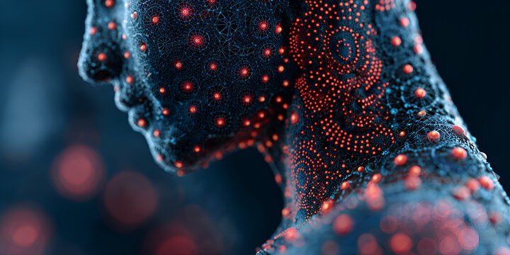 Digital render of human figure with glowing red nodes and circuit-like patterns on skin
