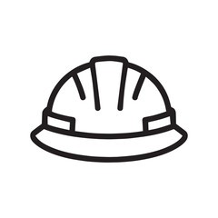 A simple black outline icon of a construction hard hat, representing safety, protection, and work