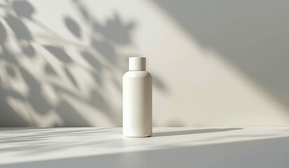 Minimalist opaque skincare bottle mockup in soft natural light with botanical shadow overlay, isolated on neutral textured background,