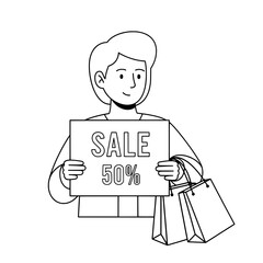Happy woman showcases sale sign during shopping with bags outline illustration