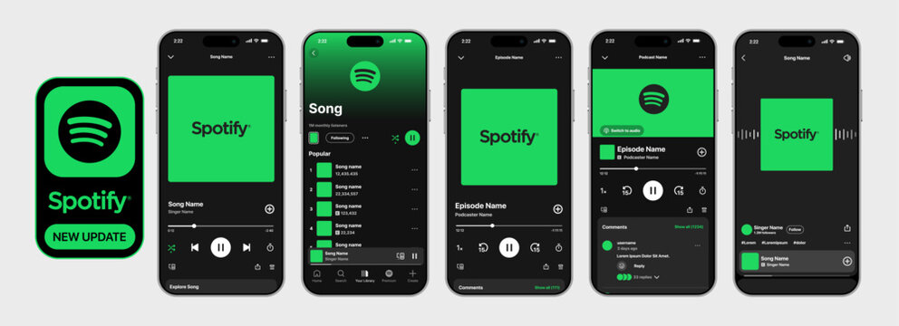 Spotify full music and podcast player UI mockup showing playlist, album art, song title, artist name, play bar, volume, queue, lyrics, controls, and latest modern streaming layout vector illustration