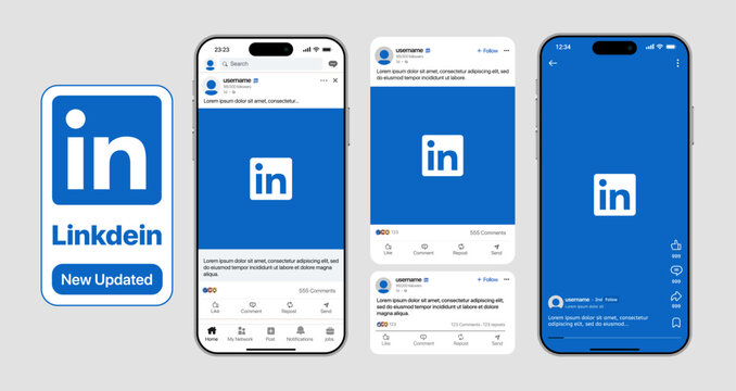 LinkedIn post and video UI mockup with feed layout, like, comment, share, save, repost, carousel post template, and modern professional social media interface vector illustration