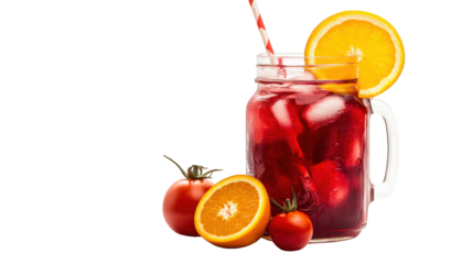 A glass of red drink with a straw and an orange slice on top