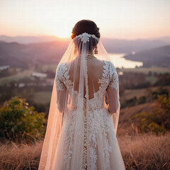 Bride stands on a hill at sunset wearing an embroidered lace gown with a low back and sheer veil. Updo secured with a hairpiece, dangling earrings visible, valley and river blurred
