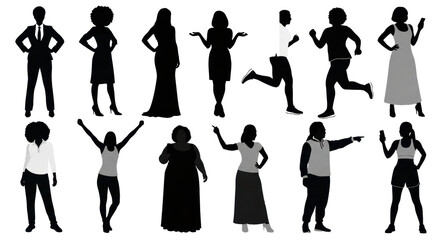 A collection of multiple black female silhouettes in diverse poses and attire (business, evening, casual, athletic wear) against a transparent minimalist background, showcasing empowerment,