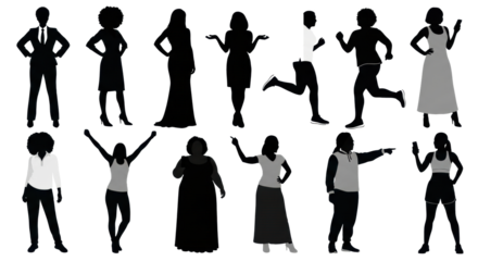 A collection of multiple black female silhouettes in diverse poses and attire (business, evening, casual, athletic wear) against a transparent minimalist background, showcasing empowerment,