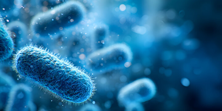 3D render of fuzzy blue bacteria floating in bright scientific environment
 - Powered by Adobe