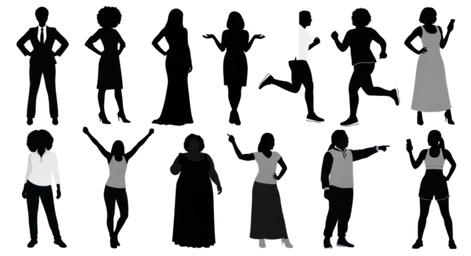 A collection of multiple black female silhouettes in diverse poses and attire (business, evening, casual, athletic wear) against a transparent minimalist background, showcasing empowerment,