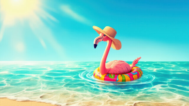 Flamingo enjoying a summer day in the ocean with a straw hat and floatie