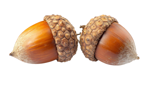 Two acorns are shown on a white background