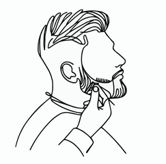 Male barber shaping beard of man in minimalist line art style  