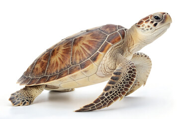 Obraz premium Sea turtle with patterned shell and extended flippers against white background, showcasing marine wildlife, natural texture, and conservation symbolism. generative ai