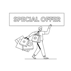 Naklejka premium Person holding bags displays special offer message during shopping sale promotion