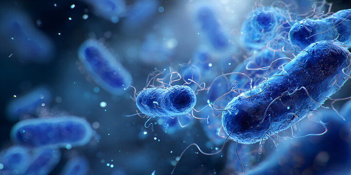 Electric blue bacteria with glowing membrane and fine hair-like extensions
