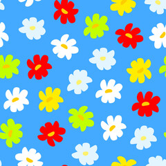 Seamless pattern of small multicolored daisies on a blue background