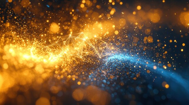 Quantum tunnel effect visualization with particle wave energy field tunneling through geometric barrier creating golden blue interference patterns and light diffraction