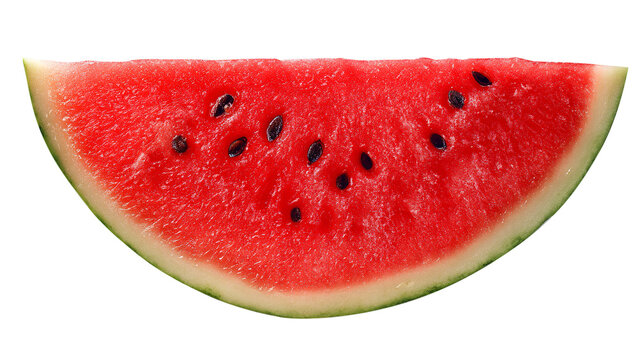 Close up of a juicy watermelon slice with black seeds isolated on a transparent background