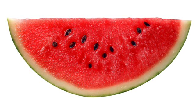 Close up of a juicy watermelon slice with black seeds isolated on a transparent background