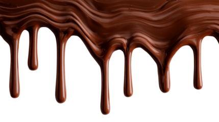 Molten dark chocolate dripping in wavy patterns melted isolated on a transparent background