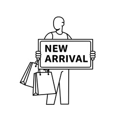 Shopper carries merchandise holds signboard in store promoting new arrivals for retail sales