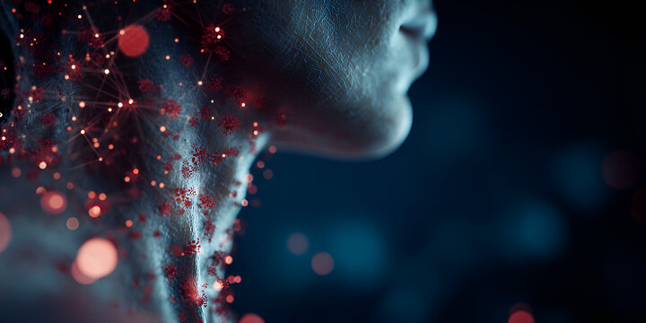 Digital virus network spreading on human neck with red glowing particles
 - Powered by Adobe
