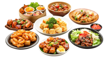 A variety of Asian food is displayed on a white background
