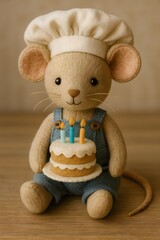 Niedliche Stoffmaus mit Kochm&uuml;tze und Latzhose, die eine kleine Geburtstagstorte mit Kerzen h&auml;lt. Liebevolles, warmes Motiv im weichen Textillook &ndash; ideal f&uuml;r Feier-, Kinder- und Kuchenthemen.