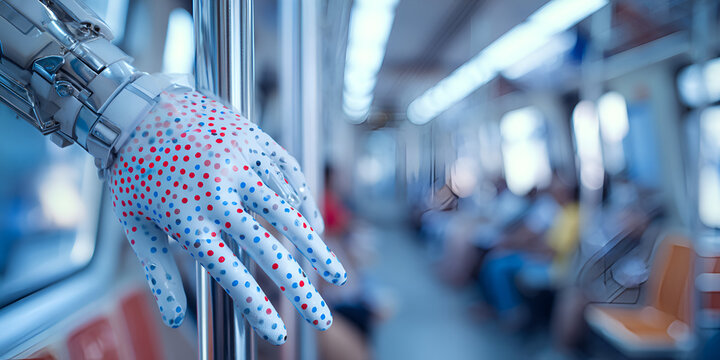 Robotic hand with virus particles gripping subway pole in futuristic setting
