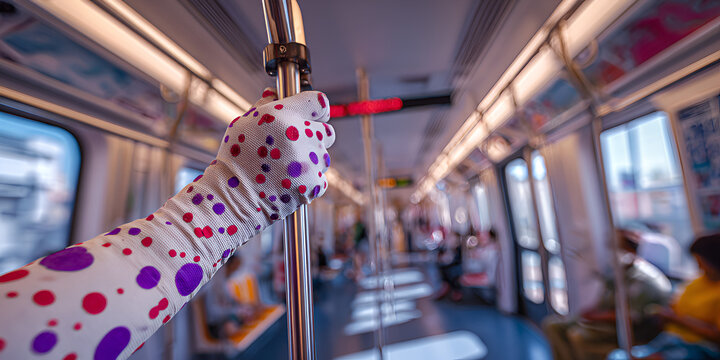 Close-up of patterned glove with virus particles holding subway pole
