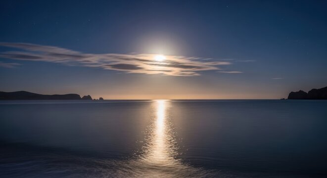 Moonlit seascape at night with water reflecting soft moonlight and clouds