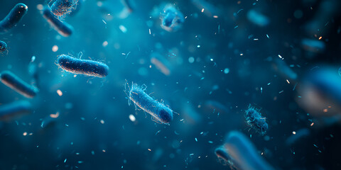 3D render of floating bacteria in blue scientific fluid with particle effect
